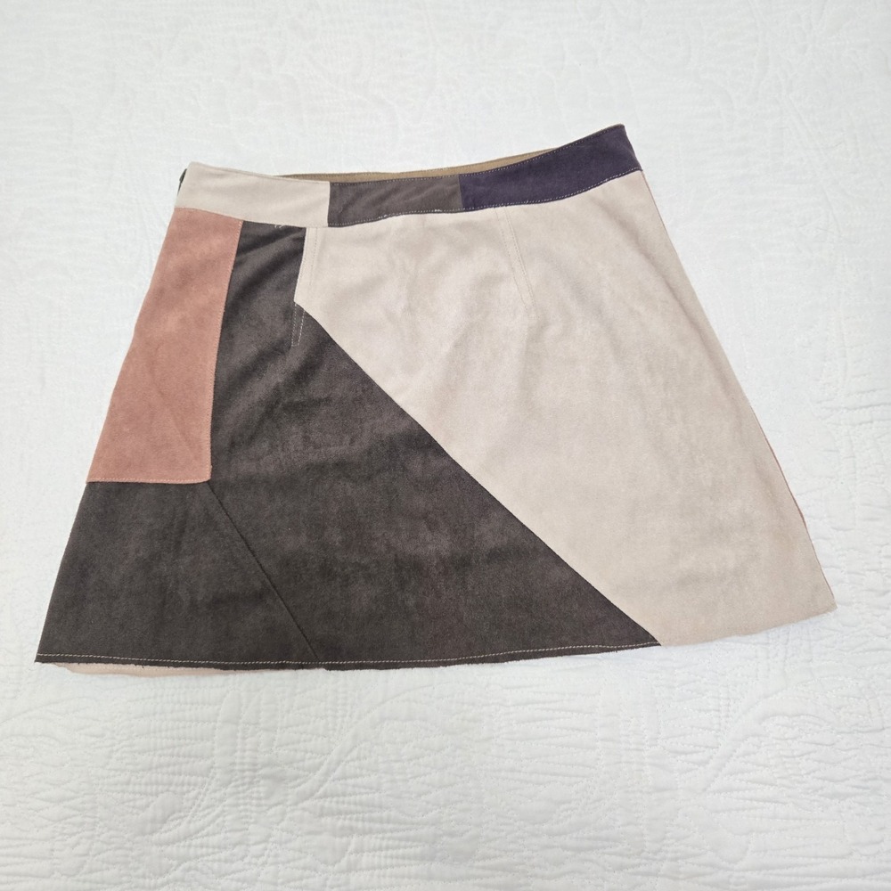 Fashion Nova Faux Suede Patchwork Mini Skirt Beige Pink Purple Hippie 90s Small - Picture 9 of 12